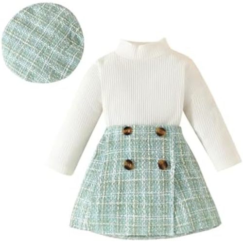 KMBANGI Toddler Girl Skirt Set Knitted Ribbed Long Sleeve T-Shirt Tops Plaid Tweed Pattern Skirt Beret Fall Winter Clothes