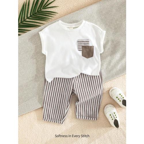 Cozy Pixies 2pcs Baby Boy Decorative Pocket Knitted Soft Round Neck Drop Shoulder Short Sleeve Top & Striped Pants Set | SHEIN USA