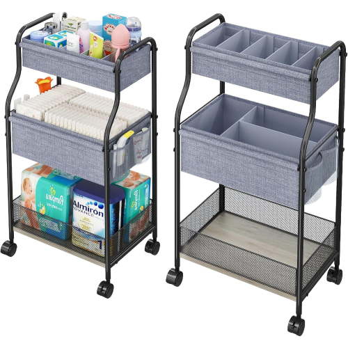 3-Tier Baby Diaper Caddy Organizer and Storage Cart, Mobile Metal Utility Cart with Rolling Wheels for Nursery Essentials with 4+2 Dividers, Large Capacity Rolling Cart For Kitchen, Bathroom, Office