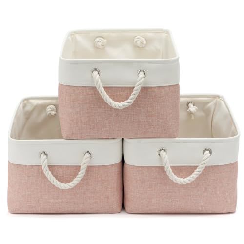 15.7x11.8x8.26 Inch Fabric Large Storage Bins with Handles 3 Pack | Foldable, Sturdy Metal Strand, Cardboard Support Molding, Fabric Storage Baskets for Shelves, Closet, Bedroom, White/Pink