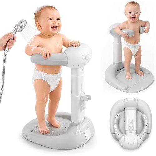 Baby Shower Stand with Anti-Pinch Silicone & Anti-Slip Base, Foldable Baby Bath Stand, Adjustable Height Soporte para Bañera de Bebé Assist Holder for 8-36 Months Toddler, Ideal Gift
