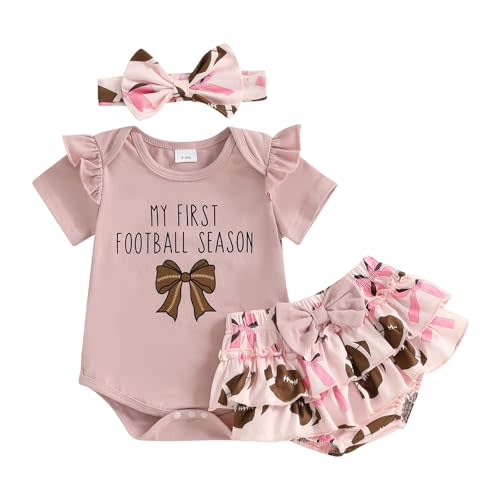 Baby Girl Football Outfit Game Day Bow Romper Rugby Layered Bloomers Shorts Boutique Summer Clothes+Headband