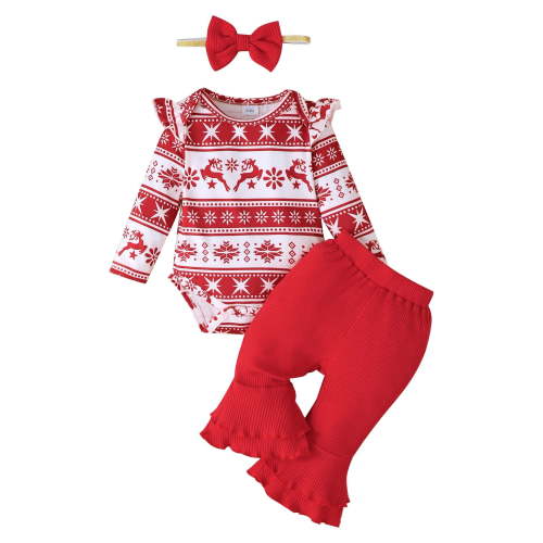 KIMI BEAR Newborn Baby Girl Christmas Outfit Set 0-3 Months Clothes Ruffle Long Sleeves Romper Set Flared Pants with Headband 3pcs Clothing Red