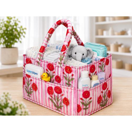 Quilted Floral Baby Diaper Caddy Organizer, Pink Poppy Print Nursery Storage Basket