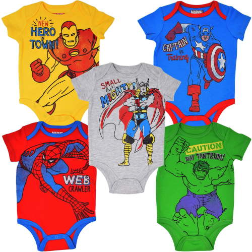 Marvel Avengers Infant Baby Boys 5 Pack Bodysuits Newborn to Infant