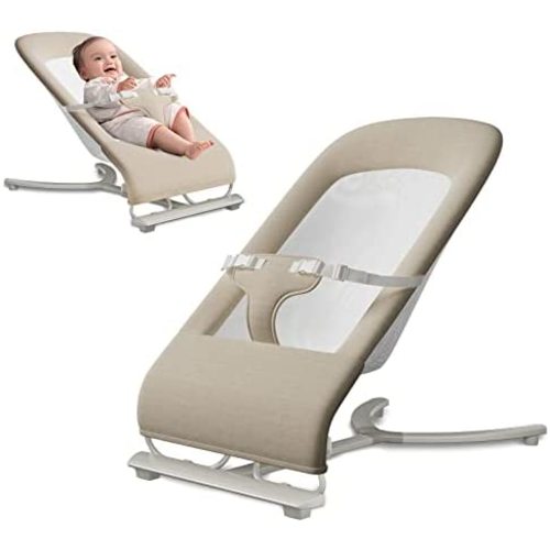Baby Bouncers for Infants, Portable Bouncer Seat for Babies, Portable Baby Rocker with 3-Point Harness, Portable Rocker with Mesh Fabric and Babies Soothing Vibrations (Khaki)