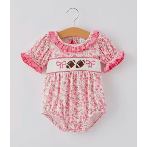 Football & Bows Smocked Baby Girl Romper