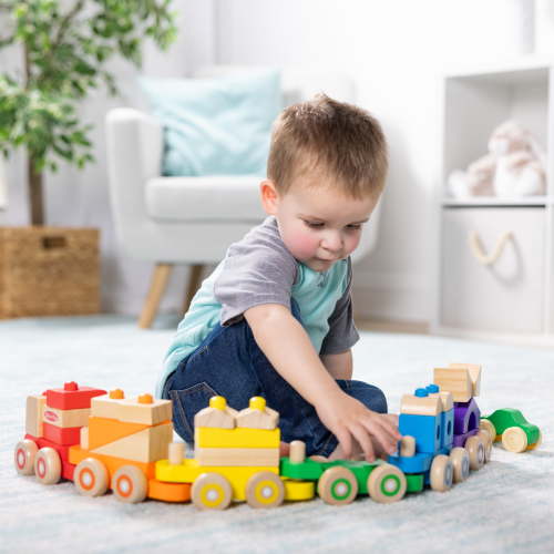 Melissa & Doug Deluxe Wooden Stacking Train, 32 Inch Length, 6 Cars, 19 Blocks, 2 Vehicles, for Toddlers 2+