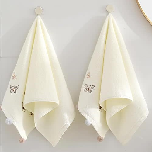 sense gnosis White Hand Towels Pom Poms Design 100% Cotton Soft Absorbent Plush Balls Decorative Elegant Butterfly Embroidered Hand Towel for Bathroom 13 x 29 Inch, 2 Pieces