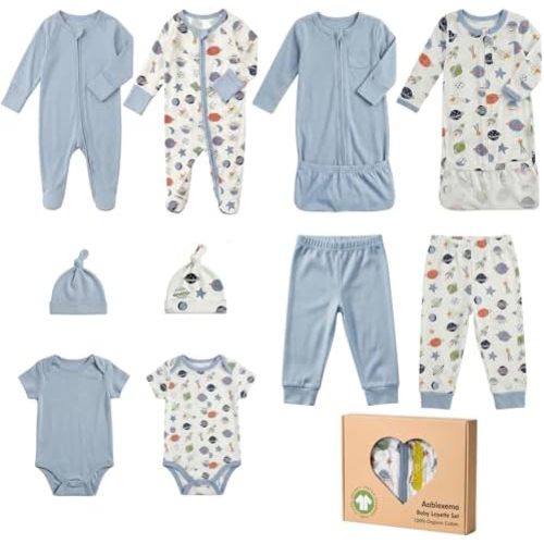 Aablexema Organic Cotton Baby Layette Set, 10pcs Newborn Essentials Footed Pjs, Bodysuits, Pants, Hats, Nightgowns
