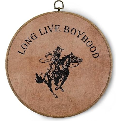 BitKAM Vintage Boy Nursery Round Wall Art Decor, Long Live Boyhood Canvas Prints Framed, Retro Cowboy Wall Hanging Decorations for Kids Boys Nursery Bedroom Playroom, 10x10 Inch Wall Home Décor Products