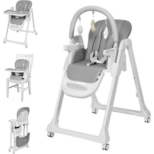 Ezebaby Foldable Baby High Chair, 3-in-1 Convertible High Chairs to Booster Seat, Portable High Chair with Adjustable Height and Recline, Removable Tray & Toy Bar