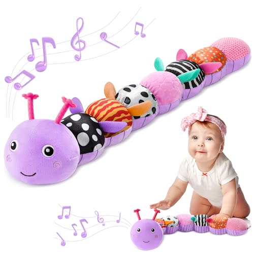 Baby Toys 0-6-12 Months,Musical Caterpillar Stuffed Animals Activity Infant Toys with Crinkle,Rattles,Muti-Teething Sensory Toy,Boy Girl Gifts for Newborn Tummy Time,Purple