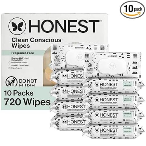The Honest Company Baby Wipes for Sensitive Skin, Hypoallergenic, Fragrance-Free, Multi-Use, Pattern Play Design, 720 Count (10 Packs of 72)