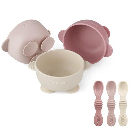 PandaEar 3 Pack Silicone Suction Baby Bowls & 3 Baby Feeding Spoons | Non-Slip Stay Put Bowls & Soft Silicone First Stage Spoons for Toddlers, BPA-Free Baby Led Weaning Set (Pink Rose Linen)