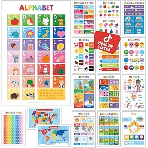 UNCLE WU 16 Laminated Educational Posters for Kids Ages 2-6, 18 x 24 Inches, Preschool Learning Posters for Classroom & Homeschool, ABC Alphabet, Numbers 1-100, Shapes, Colors, Maps