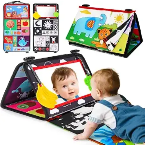 Baby Mirror Tummy Time Toys 0-6 Months with Crinkle Cloth Books Infant High Contrast Newborn Sensory Black and White Toy for 0-3 4 5 6 Months Must Haves Babies 3-6 6-12 Month Boy Girl Shower Gifts