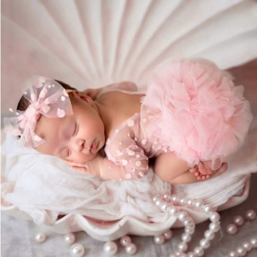 SHEIN Newborn Baby Girl Photography Props Polka Dot Lace Romper With Headband Set | SHEIN USA