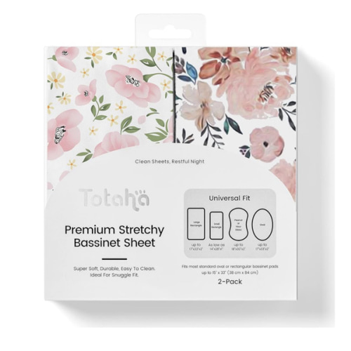 TotAha Premium Stretchy Bassinet Sheets for Baby Girl, Silky Comfort Cradle Sheets Fitted 18 x 36 for Oval, Rectangular, Hourglass Mattress, Hypoallergenic, Buttery Soft 2-Pack (Floral & Pale Pink)