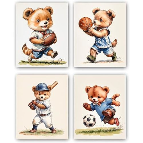 Children's sports art printing Vintage Cute Animal Wall Decor Basketball Soccer Rugby Baseball Kids Room Posters Prints for Children Bedroom Nursery Boy-Room Decoration ，Set of 4 (8"X10", Unframed