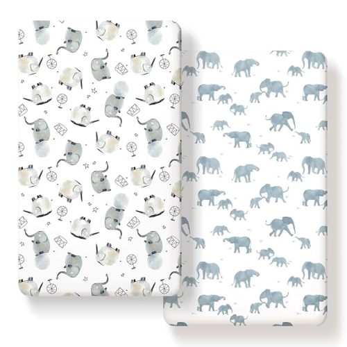 GRSSDER Stretchy Ultra Soft Jersey Knit Fitted Crib Sheets Set 2 Pack，Universal Fit All Standard Crib Mattress Pads Safe and Snug, Stylish Crib Fitted Sheet for Boys and Girls, Cute Elephant