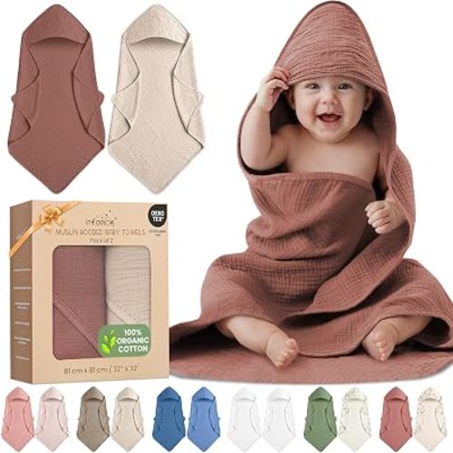 100% Organic Cotton 2 PK Muslin Baby Hooded Towels Newborn 32x32in