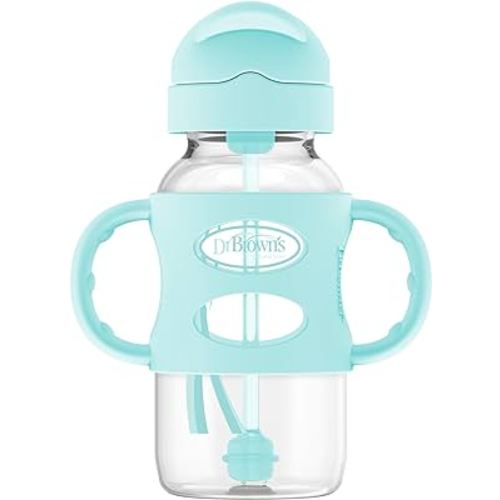 Dr. Brown's Milestones Wide-Neck Sippy Straw Bottle with 100% Silicone Handles and Weighted Straw, 9 oz/270 mL, Green, 6m+