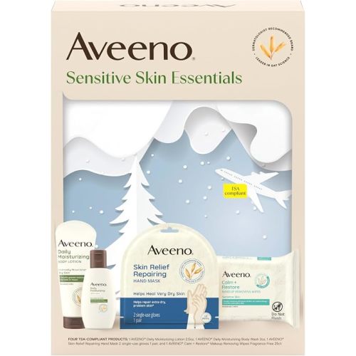 Aveeno Sensitive Skin Essentials Gift Set with Daily Moisturizing Lotion, Moisturizing Body Wash, Calm and Restore Makeup Removing Wipes and Skin Relief Repairing Hand Mask, 4 Items