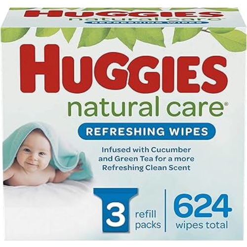 HUGGIES Refreshing Clean Scented Baby Wipes, Hypoallergenic, 3 Refill Packs (624 Total Wipes), Size 1