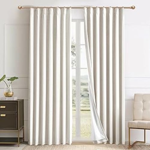 IVAPUPU Natural Pinch Pleated Full Blackout Curtains Linen Blend Room Darkening Window Curtains 96 inch 2 Panel for Living Room Bedroom Thermal Insulated Thick Curtain Drapes with Hooks 40''Wx96''L