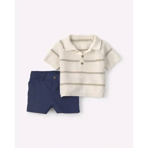 Baby Boy 2-Piece Sweater Knit Top & Short Set - Cream/Blue | Carter's