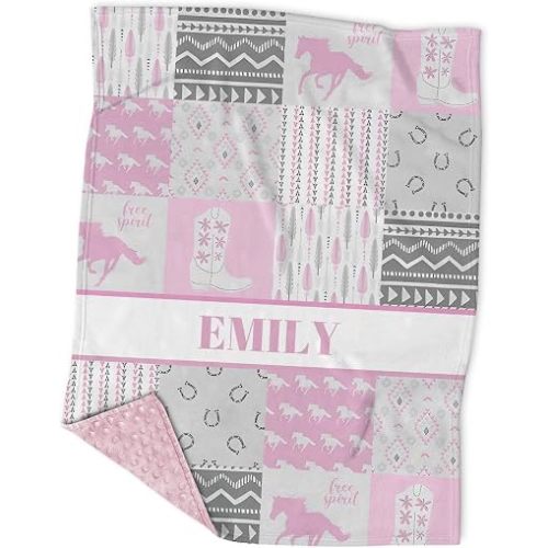 Personalized Baby Blanket with Name - Custom Horse Pink Minky Blanket for Girls - Cowgirl Nursery Decor - Soft Infant Toddler Newborn Crib Comforter