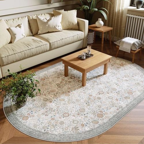 Floral Oval Rug 4x6 - Washable Ultra-Thin Living Room Rug Non-Slip Carpets - Soft & Stain Resistant Rug for Kitchen Bedroom Dining Room Indoor Nursery Beige Gray