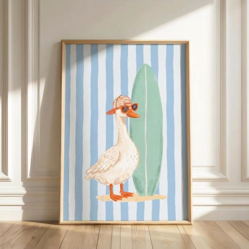 Silly Goose Surfing Print - Funny Duck Beach Wall Art - Blue Striped Nursery Decor - Surfboard Animal Poster - Coastal Boy Room Decor Gift