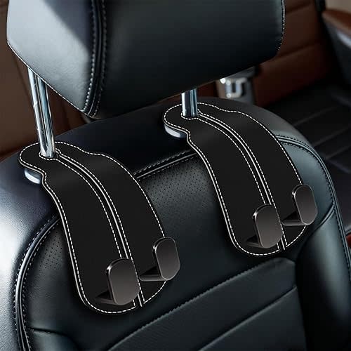 Blusabaca 2PCS Car Seat Back Storage Headrest Hooks, Black Purse Holder Bags Hanger, Double Metal Hook for Backseat Organizer, Women Car Accessories Organization