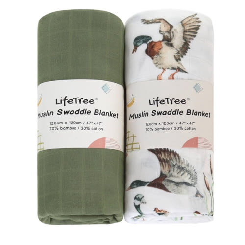 LifeTree Muslin Swaddle Blankets, Baby Swaddling Wrap Nursery Receiving Blanket for Boys & Girls, 70% Viscose from Bamboo and 30% Cotton, Large 47 x 47 inches Mallard Duck/Olive Green