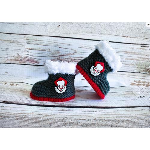 Hand Knitted Baby Booties, Halloween Killer Clown Horror Goth Boots, Boy Girl Movie Clothes, Gothic Slipper Shoes Handmade Shower Gift 0-12m