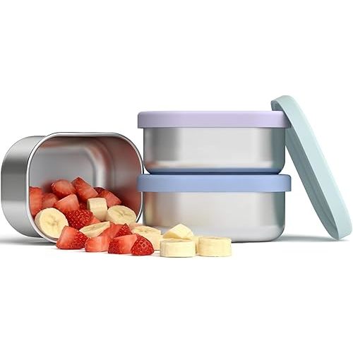 Stainless Steel Snack Containers For Kids, 3 Pack 10oz Metal Snack Box Container With Soft Silicone Lids, Small Leak-Resistant Lunch Food Storage Container On-The-Go