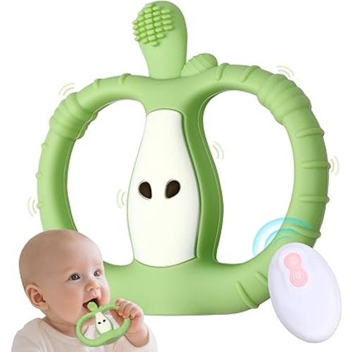 Vibrating Teether for Baby with Remote Control - Chewy Sensory Toy for Teething & Autism, 10-Speed Vibration Modes, USB Rechargeable, Food Grade Silicone Teether for Sensory Seekers (Green)