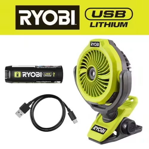 RYOBI - USB Lithium Cordless Ultrasonic Misting Clamp Fan Kit with USB Lithium 2Ah Battery and Charging Cable