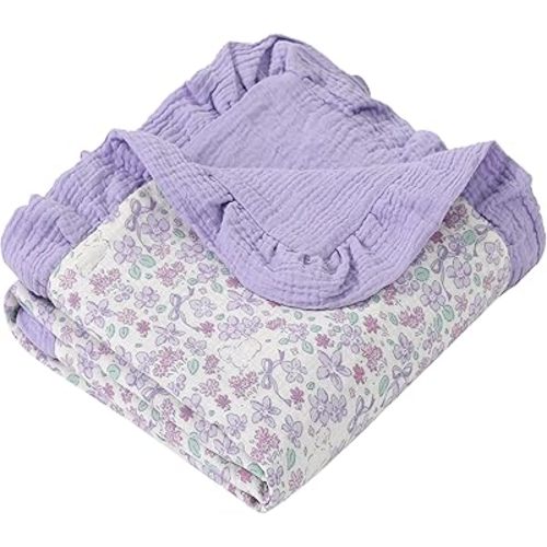 Muslin Toddler Blanket 43"x43" - 100% Cotton Super Soft Crib Blanket for Baby, Infant, Toddler & Baby Girl,Lightweight Nursing Cover & Breathable Stroller Blanket,Floral Design (Purple)