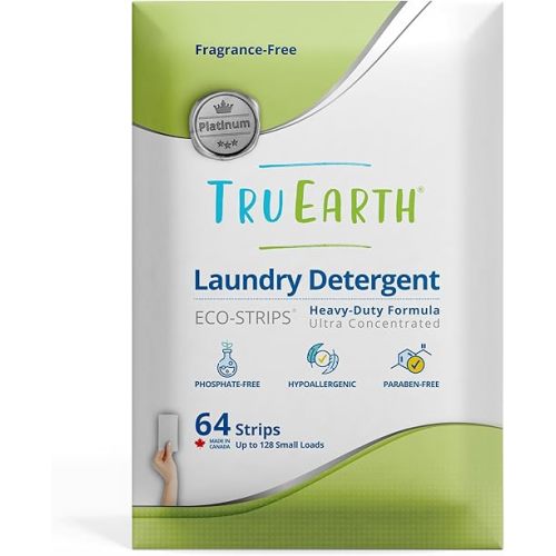 Tru Earth Platinum - Heavy Duty Laundry Detergent Sheets - Up to 128 Loads (64 Count), Fragrance Free - Ultra-Concentrated - Eco-Friendly Laundry Sheets