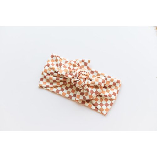 Brown Checkered Bow for Baby Girl, Fall Thanksgiving Head Wrap, Trendy Retro Toddler Tie-on Autumn Knit Headband