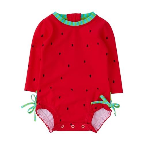 RuffleButts Baby Girls Novelty Baby One Piece - Rash Guard Swimsuit UPF 50+ | Premium Quality, 4-way Stretch, Snap + Zipper Closure, Long Sleeves, Hand Wash, UPF 50+ Sun Protection