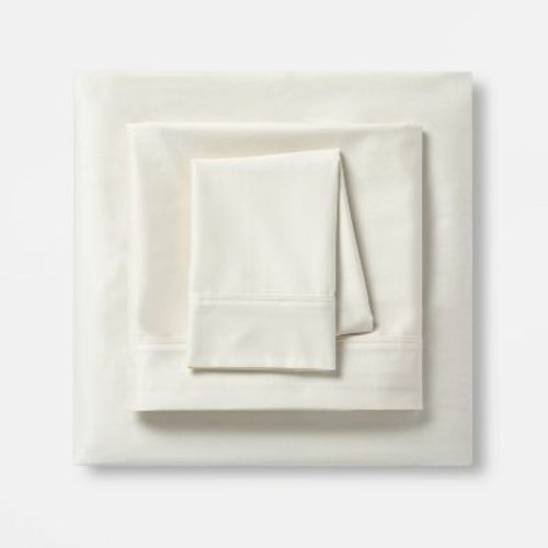 Twin/Twin XL Solid Performance 400 Thread Count Sheet Set Sour Cream - Threshold™: Cotton Sateen, Wrinkle-Resistant, OEKO-TEX Certified