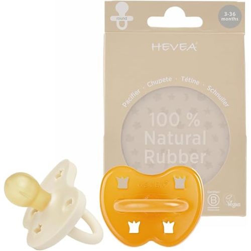 HEVEA Natural Rubber Pacifier Round 3-36 Months – Hygienic One Piece Design for Newborns to Toddlers, BPA-Free, Soft & Durable – 2-Pack (Milky White & Natural)