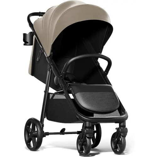 Mompush Nova Baby Stroller for Toddler, Infant & Newborn | Spacious Seat & Lie-Flat Mode | Compact One-Hand Fold, UPF 50+ Canopy & All-Wheel Suspension | Includes Rain Cover & Cup Holder, Khaki