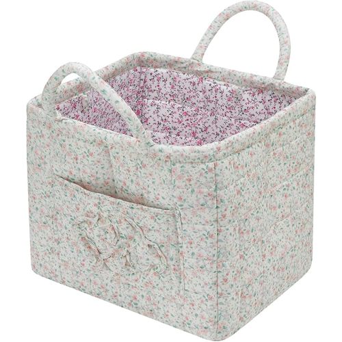 Boho Fabric Storage Basket Quilted Floral Print Baskets Organizer Bin with Handles for Home, Picnic, Shopping (Green, L)