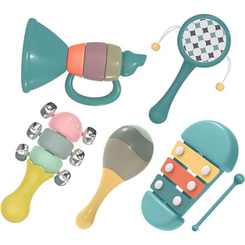 Montessori Musical Instruments for Babies and Toddlers Kids Musical Toy Set with Rattle Maracas,Trumpet, Xylophone and Handheld Drum for Preschool Boys and Girls Christmas Birthday Gift
