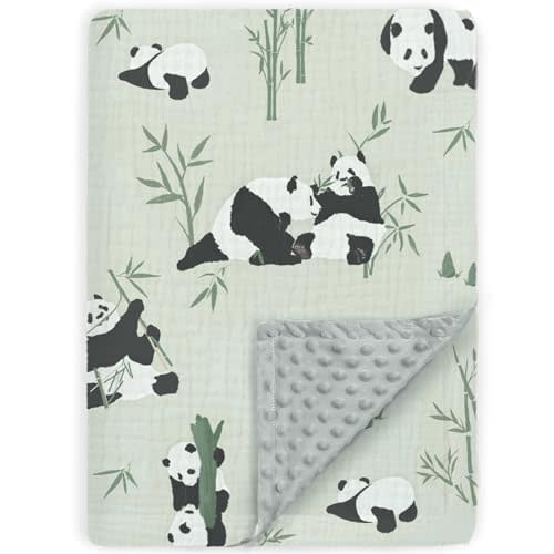 BOPRIO Muslin Baby Blankets for Boys Girls, Breathable Muslin Cotton with 3D Dotted Fleece Backing, Super Soft Swaddle Blankets with Cute Panda Design, Nursery Bedding Newborn Gift 30 x 40 Inch